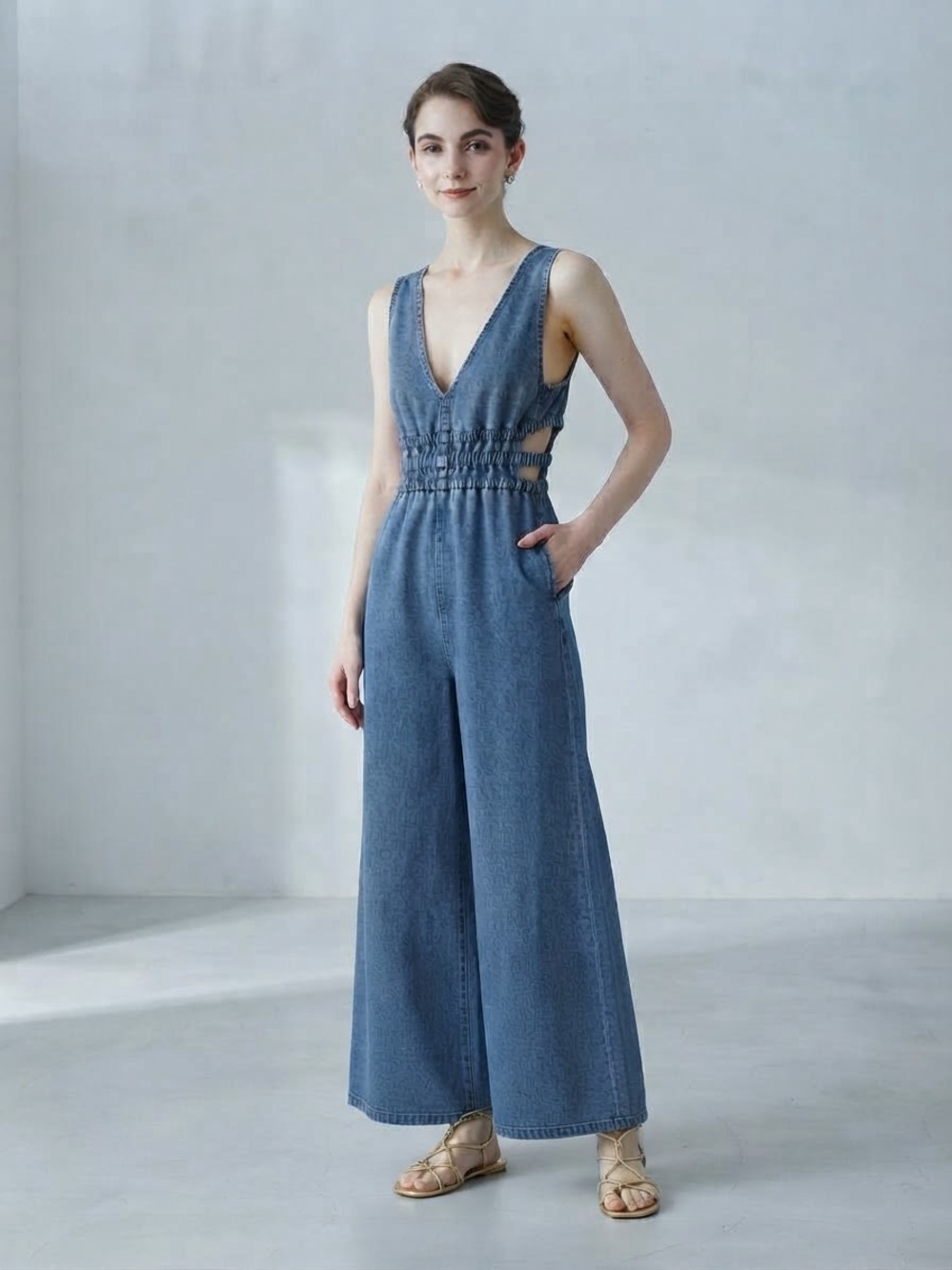 Wide-Leg Blue Denim Romper/Jumpsuit -
